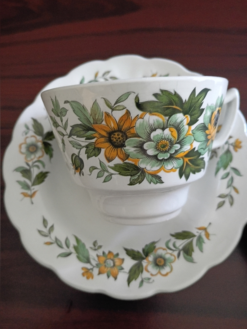 Set of Two Staffordshire Ridgway Ironstone Spring Garden Tea Cups and Saucers